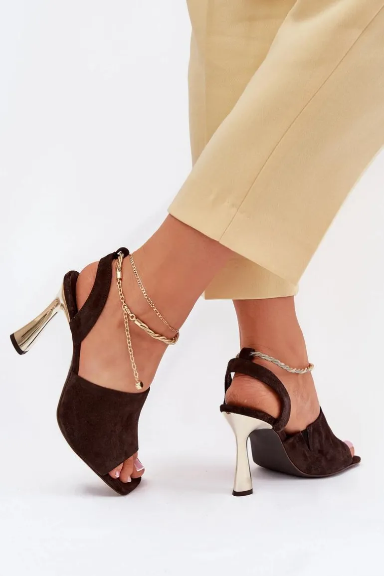 Zamszowe Sandały Na Szpilce Z Ozdobną Bransoletą CheBello 4440 Czekoladowe