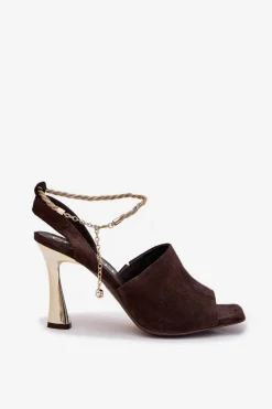 Zamszowe Sandały Na Szpilce Z Ozdobną Bransoletą CheBello 4440 Czekoladowe