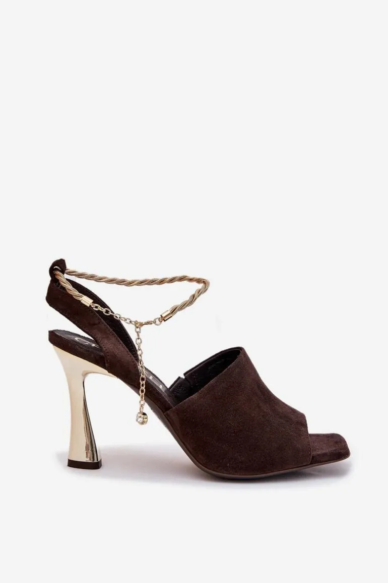 Zamszowe Sandały Na Szpilce Z Ozdobną Bransoletą CheBello 4440 Czekoladowe