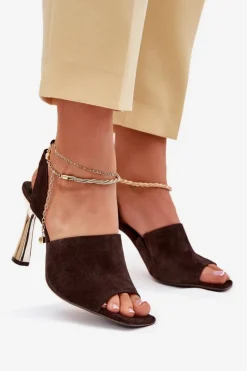 Zamszowe Sandały Na Szpilce Z Ozdobną Bransoletą CheBello 4440 Czekoladowe
