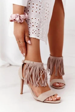 Zamszowe Sandały Na Szpilce Z Frędzlami Beżowe Boho Swing