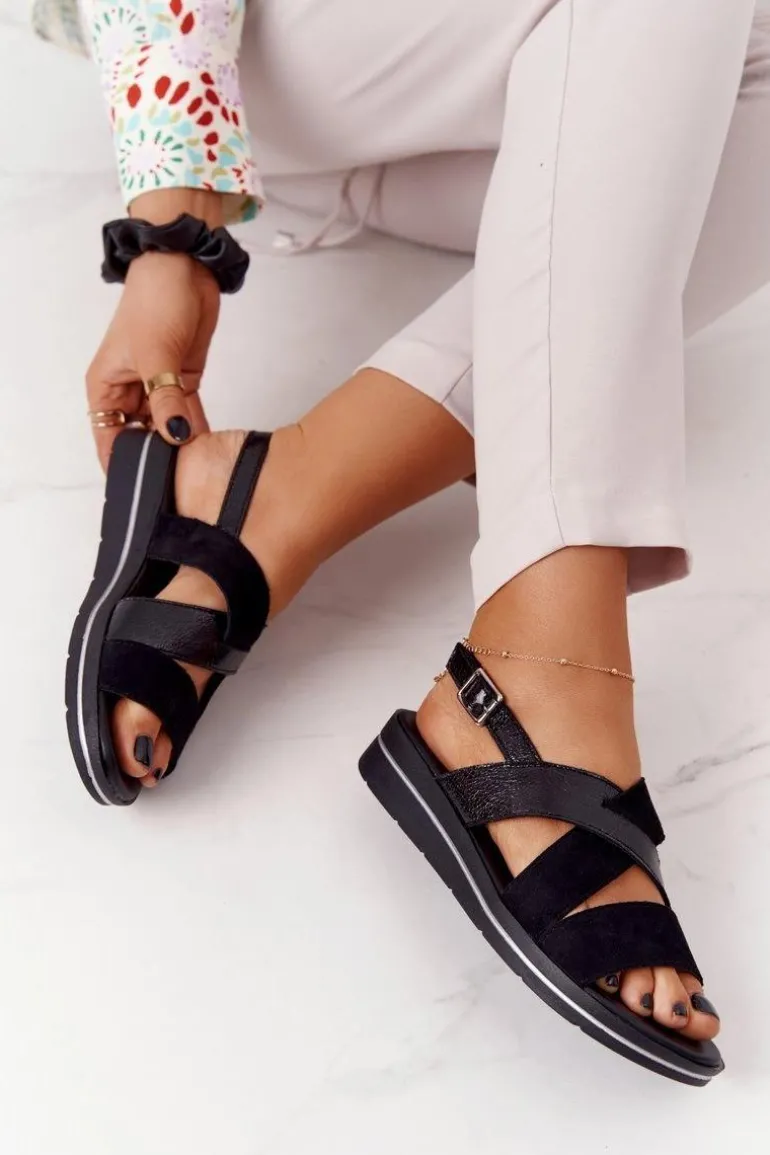 Zamszowe Sandały Sergio Leone SK039 Czarno-Srebrne