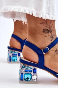 Zamszowe Sandały Z Kryształami Niebieskie Callan