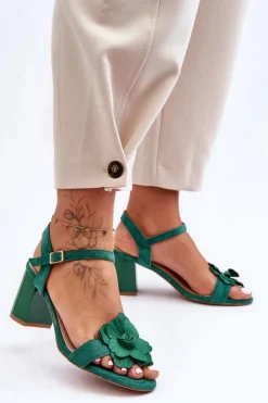 Zamszowe Sandały Z Kwiatem S.Barski 04 Zielone