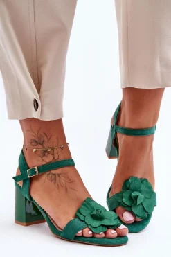 Zamszowe Sandały Z Kwiatem S.Barski 04 Zielone