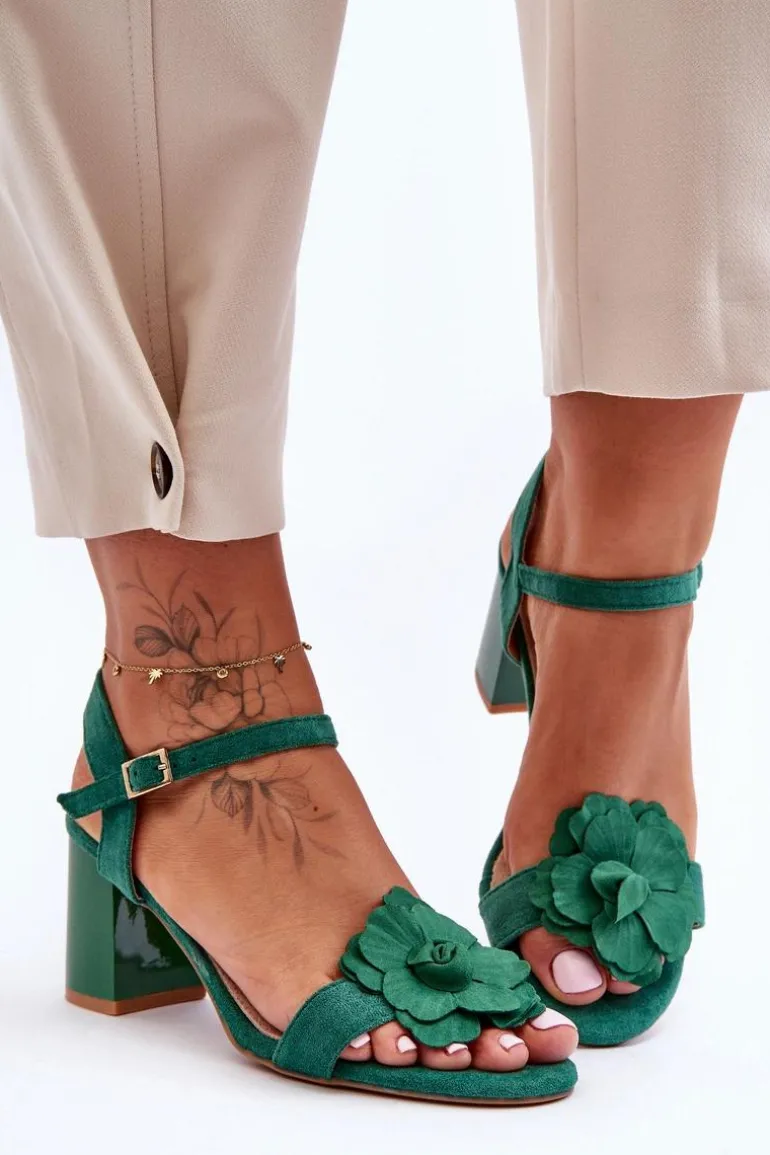 Zamszowe Sandały Z Kwiatem S.Barski 04 Zielone