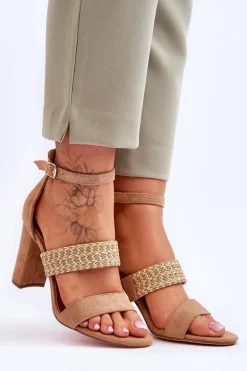 Zamszowe Sandały Z Plecionym Paskiem Na Obcasie Camel Roselia