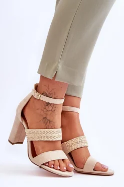 Zamszowe Sandały Z Plecionym Paskiem Na Obcasie Beżowe Roselia