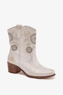 Zamszowe Skórzane Botki Damskie Ażurowe Na Obcasie Zazoo 3844 Złoty Przecierany