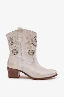 Zamszowe Skórzane Botki Damskie Ażurowe Na Obcasie Zazoo 3844 Złoty Przecierany