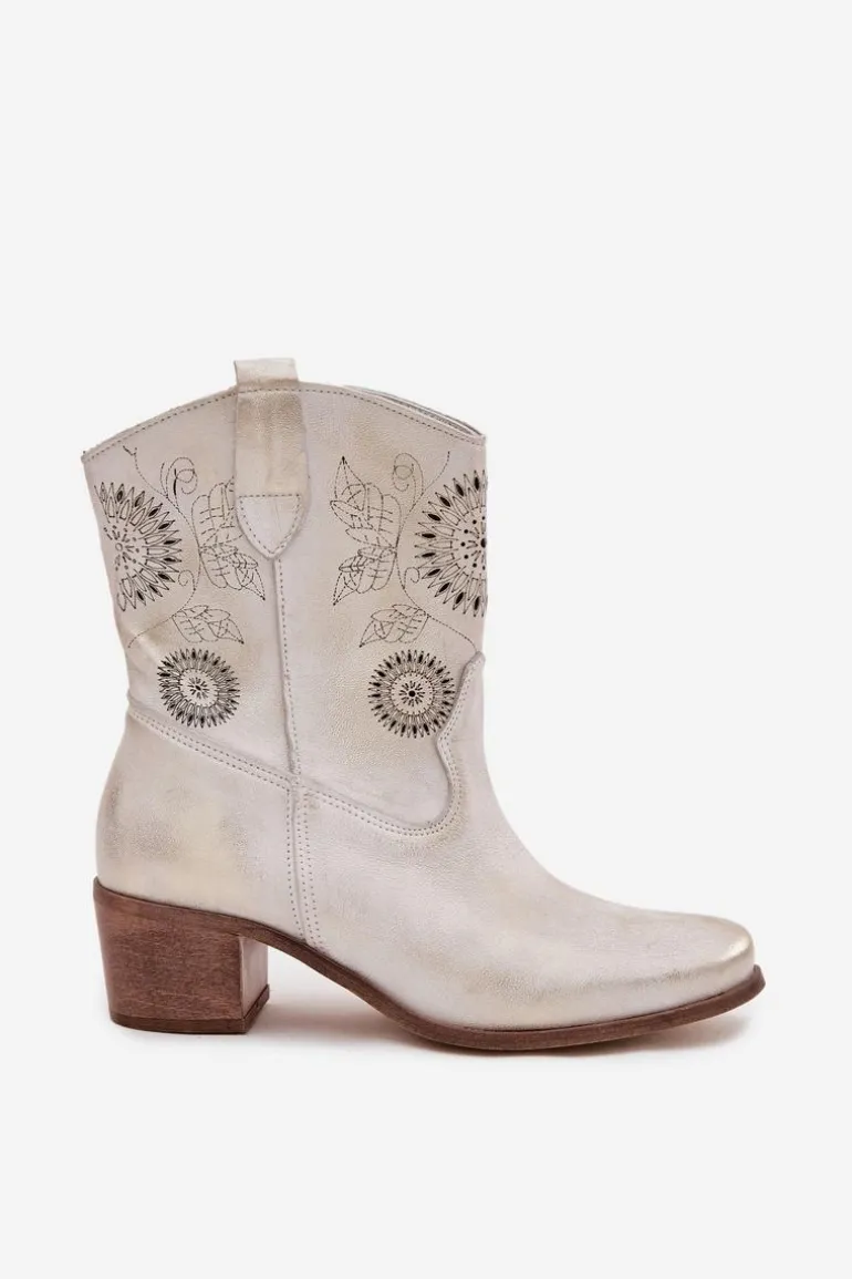 Zamszowe Skórzane Botki Damskie Ażurowe Na Obcasie Zazoo 3844 Złoty Przecierany