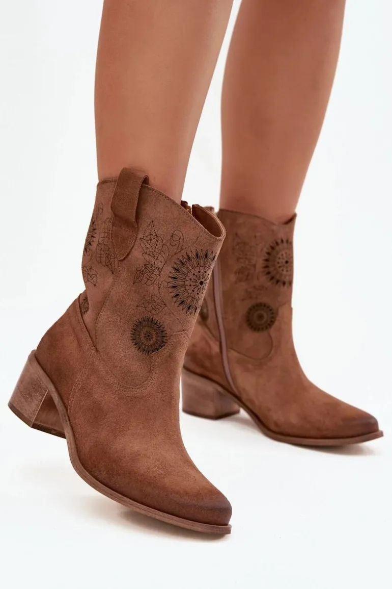 Zamszowe Skórzane Botki Damskie Ażurowe Na Obcasie Zazoo 3844 Brązowe