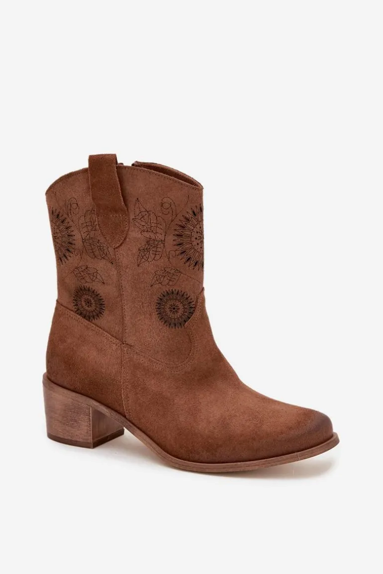 Zamszowe Skórzane Botki Damskie Ażurowe Na Obcasie Zazoo 3844 Brązowe