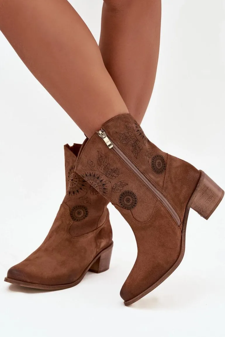 Zamszowe Skórzane Botki Damskie Ażurowe Na Obcasie Zazoo 3844 Brązowe