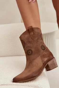Zamszowe Skórzane Botki Damskie Ażurowe Na Obcasie Zazoo 3844 Brązowe