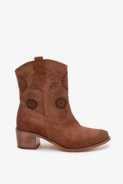 Zamszowe Skórzane Botki Damskie Ażurowe Na Obcasie Zazoo 3844 Brązowe
