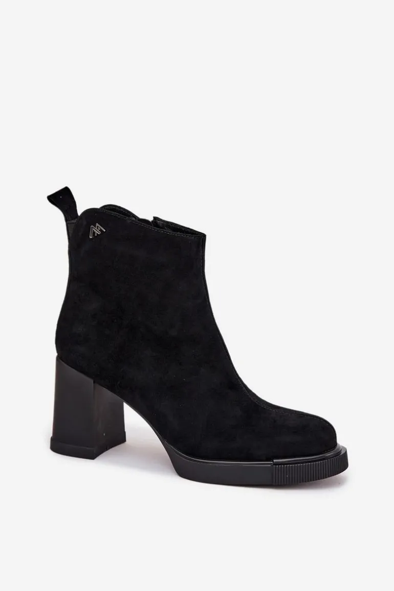 Zamszowe Skórzane Botki Damskie Na Słupku Vinceza 91142 Czarne