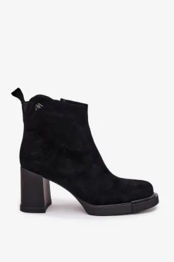 Zamszowe Skórzane Botki Damskie Na Słupku Vinceza 91142 Czarne