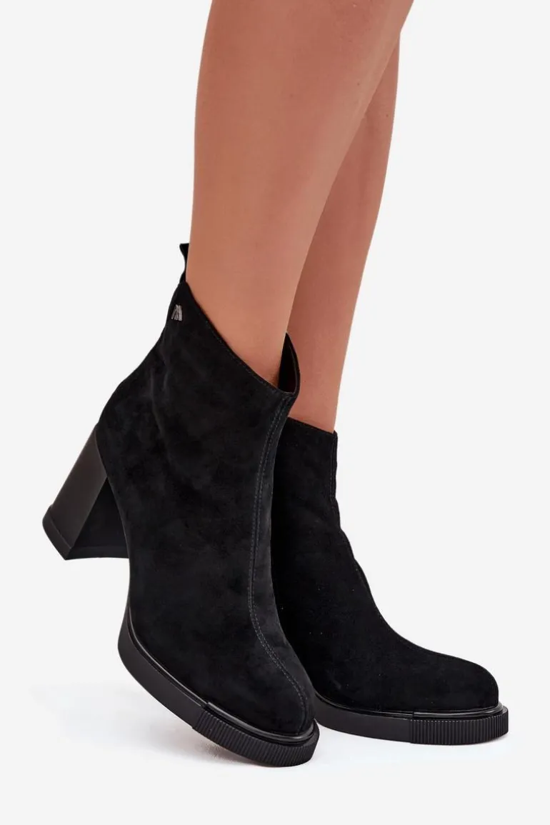 Zamszowe Skórzane Botki Damskie Na Słupku Vinceza 91142 Czarne