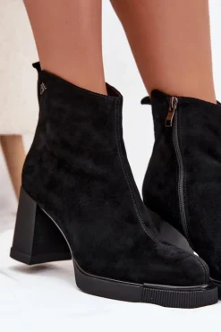 Zamszowe Skórzane Botki Damskie Na Słupku Vinceza 91142 Czarne