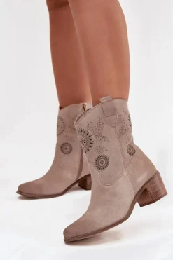 Zamszowe Skórzane Botki Damskie Ażurowe Na Obcasie Zazoo 3844 Cappuccino