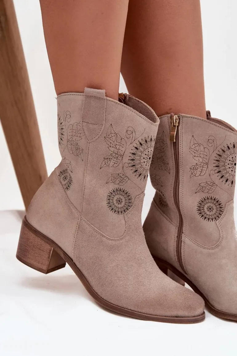 Zamszowe Skórzane Botki Damskie Ażurowe Na Obcasie Zazoo 3844 Cappuccino