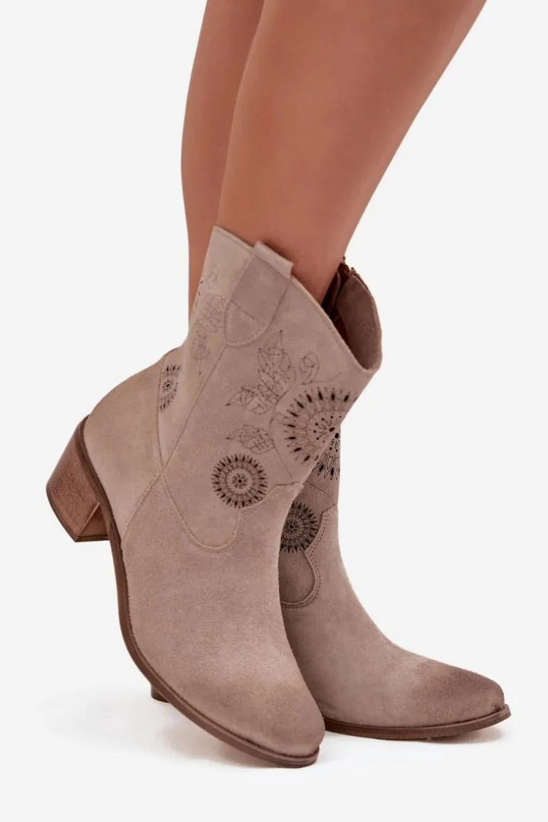 Zamszowe Skórzane Botki Damskie Ażurowe Na Obcasie Zazoo 3844 Cappuccino