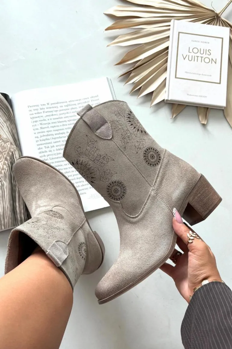 Zamszowe Skórzane Botki Damskie Ażurowe Na Obcasie Zazoo 3844 Cappuccino