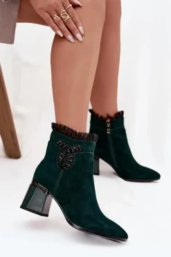 Zamszowe Skórzane Botki Damskie Na Słupku Z Ozdobą Ocieplane D&A MR52-127 Butelkowa Zieleń