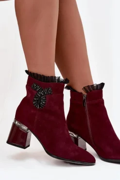 Zamszowe Skórzane Botki Damskie Na Słupku Z Ozdobą Ocieplane D&A MR52-127 Bordowe