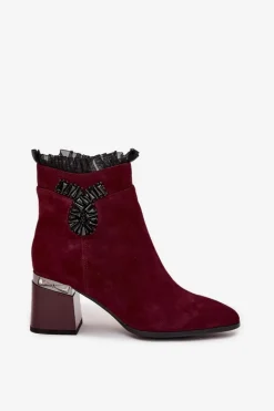 Zamszowe Skórzane Botki Damskie Na Słupku Z Ozdobą Ocieplane D&A MR52-127 Bordowe
