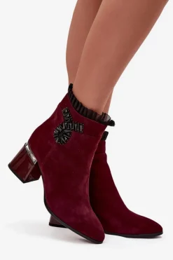 Zamszowe Skórzane Botki Damskie Na Słupku Z Ozdobą Ocieplane D&A MR52-127 Bordowe