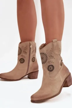 Zamszowe Skórzane Botki Damskie Ażurowe Na Obcasie Zazoo 3844 Beżowe