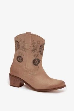 Zamszowe Skórzane Botki Damskie Ażurowe Na Obcasie Zazoo 3844 Beżowe