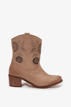 Zamszowe Skórzane Botki Damskie Ażurowe Na Obcasie Zazoo 3844 Beżowe