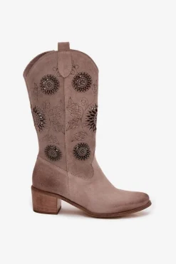 Zamszowe Skórzane Kozaki Damskie Z Ażurowym Wzorem Zazoo 3852 Cappuccino