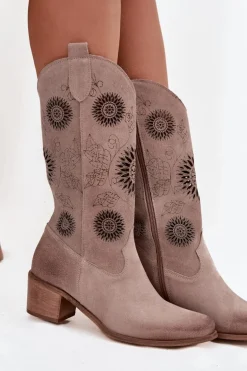 Zamszowe Skórzane Kozaki Damskie Z Ażurowym Wzorem Zazoo 3852 Cappuccino