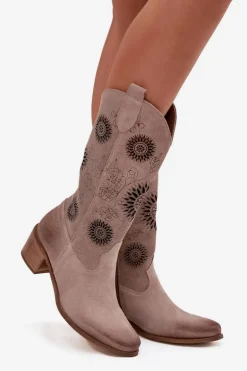 Zamszowe Skórzane Kozaki Damskie Z Ażurowym Wzorem Zazoo 3852 Cappuccino