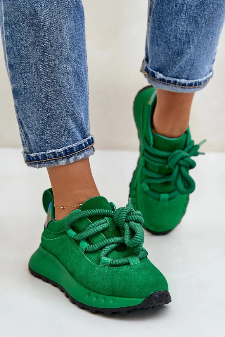 Zamszowe Sneakersy Damskie Z Grubym Sznurowaniem Artiker 55C0099 Zielone