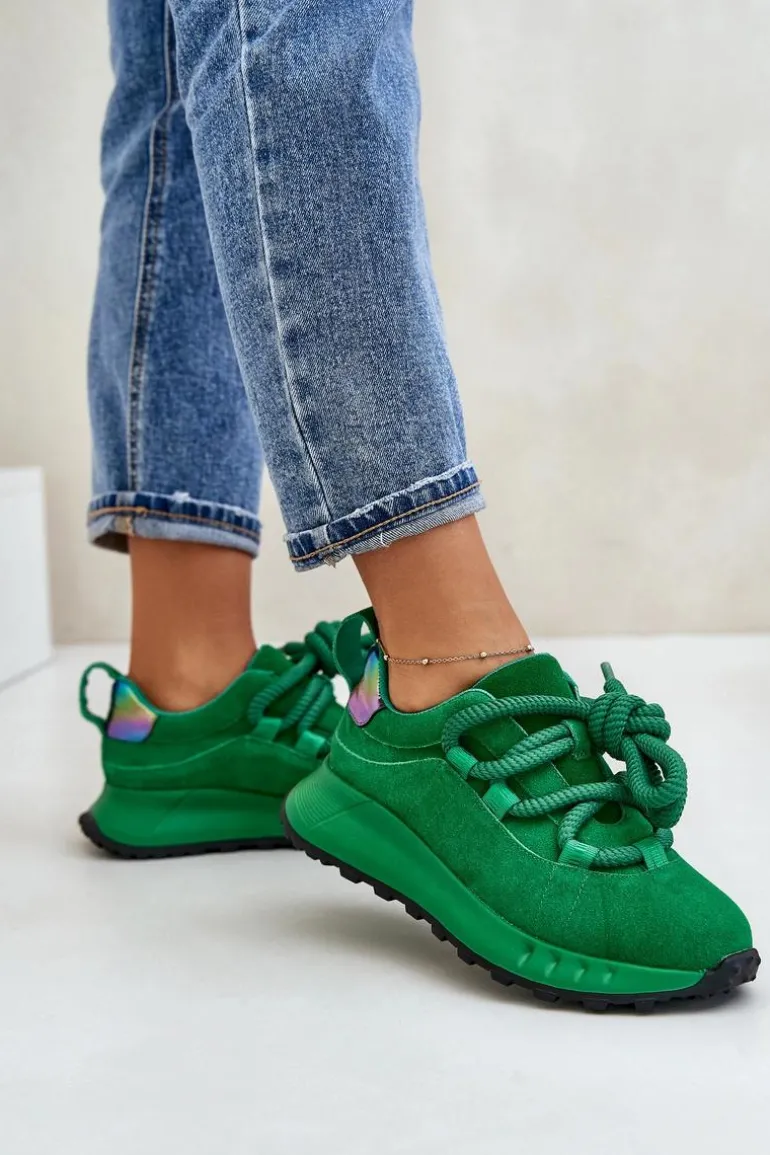 Zamszowe Sneakersy Damskie Z Grubym Sznurowaniem Artiker 55C0099 Zielone