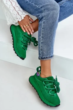 Zamszowe Sneakersy Damskie Z Grubym Sznurowaniem Artiker 55C0099 Zielone