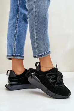 Zamszowe Sneakersy Damskie Na Platformie Z Grubym Sznurowaniem Artiker 54C1464 Czarne