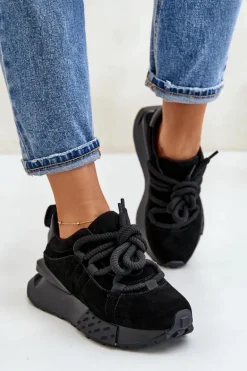 Zamszowe Sneakersy Damskie Na Platformie Z Grubym Sznurowaniem Artiker 54C1464 Czarne