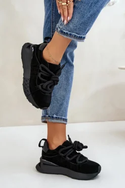 Zamszowe Sneakersy Damskie Na Platformie Z Grubym Sznurowaniem Artiker 54C1464 Czarne