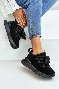 Zamszowe Sneakersy Damskie Na Platformie Z Grubym Sznurowaniem Artiker 54C1464 Czarne