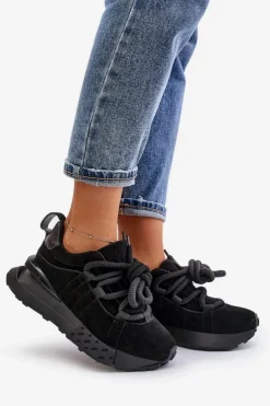 Zamszowe Sneakersy Damskie Na Platformie Z Grubym Sznurowaniem Artiker 54C1464 Czarne