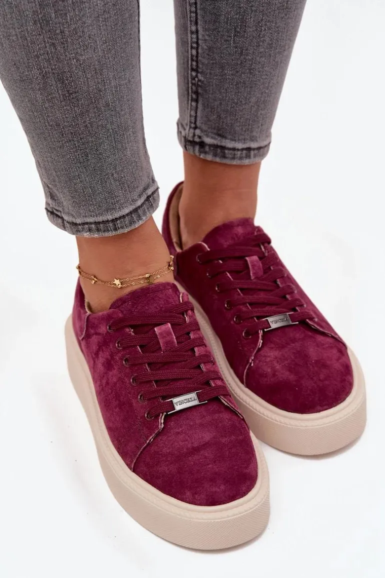 Zamszowe Sneakersy Damskie Na Platformie Vinceza 79578 Bordowe