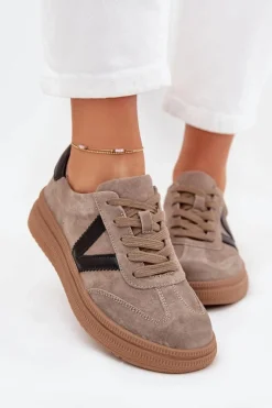 Zamszowe Sneakersy Damskie Na Platformie Vinceza 79562 Ciemnobeżowe