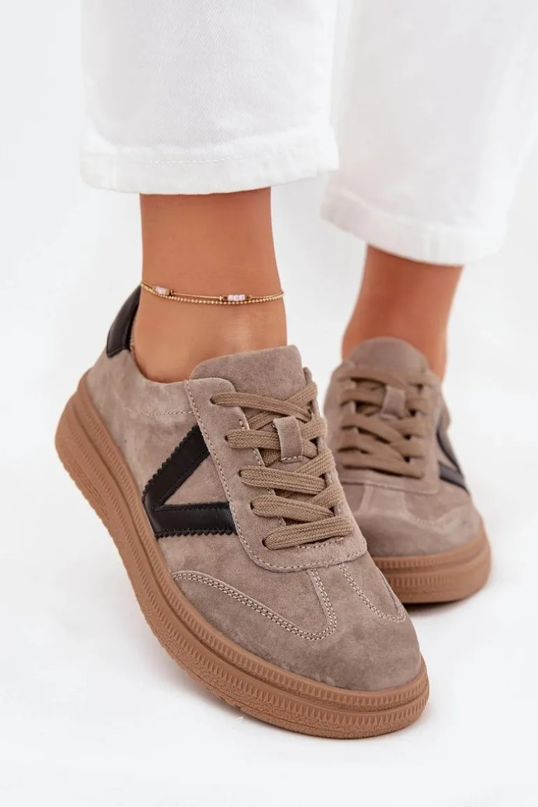 Zamszowe Sneakersy Damskie Na Platformie Vinceza 79562 Ciemnobeżowe