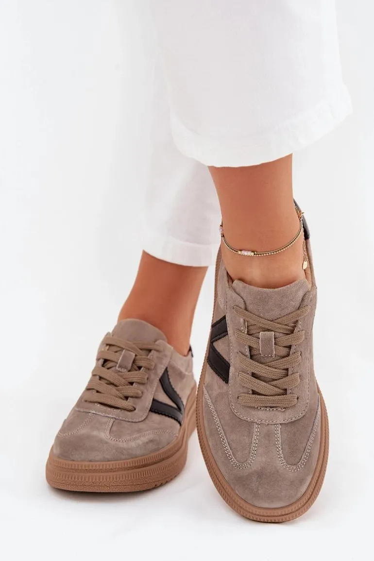 Zamszowe Sneakersy Damskie Na Platformie Vinceza 79562 Ciemnobeżowe